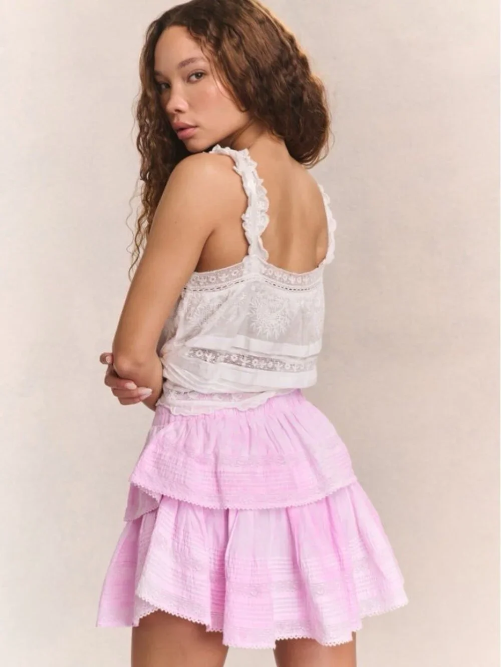 LoveShackFancy Ruffle Mini Skirt Pink Begonia Hand Tie Dye M NWT Cotton Lace